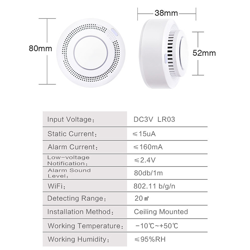 Tuya-Detector de humo WIFI, Sensor de alarma de protección contra incendios, inalámbrico, independiente, funciona con batería, alerta de vida inteligente, seguridad del hogar