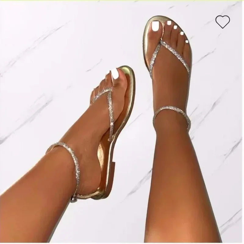 Ankle Strap Women's Sandals Beach Flip Flops Summer Women's Shoes Gold Flat Roman Women's Sandals Women Sandals: Gold / 40