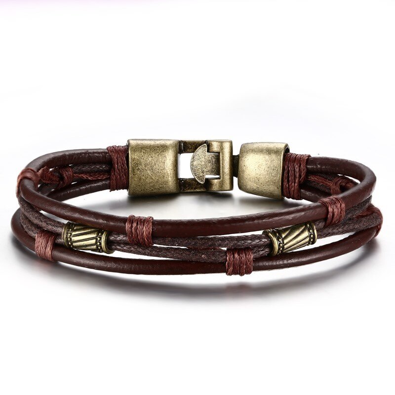 Bracelet en cuir multicouches pour hommes, avec breloque en laiton, corde et chaîne, Bracelet Tribal, bijoux masculins bruns, 8.6 pouces