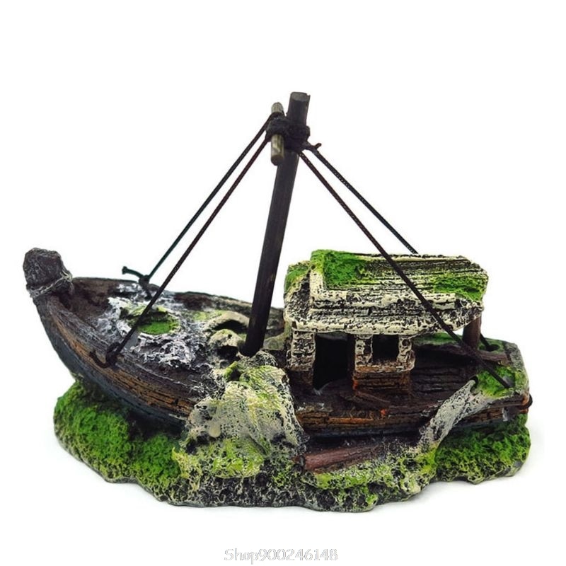 Decoración de acuario naufragio forma de barco rota ornamento de resina peces Ttank paisaje accesorios O09 20