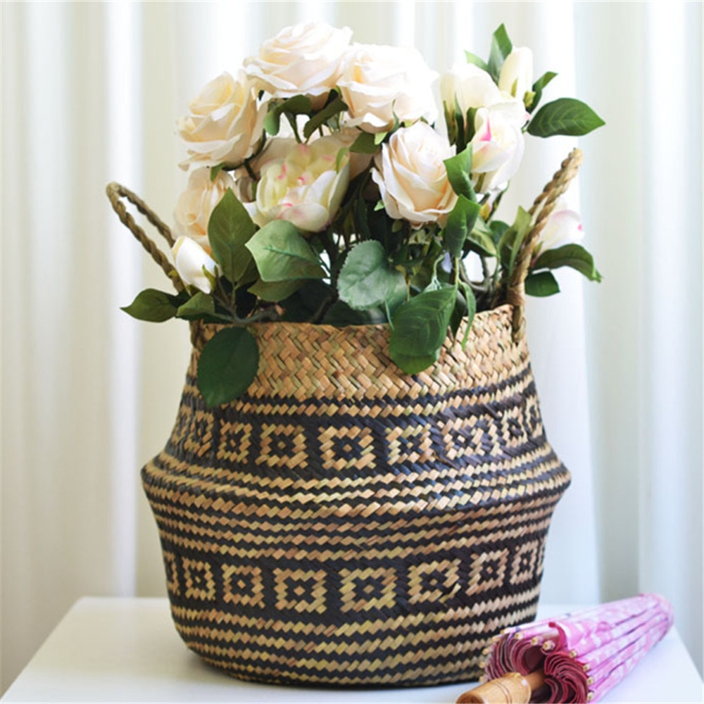 Seagrass Wicker Basket Flower Pot Folding Basket Dirty Basket Storage Decoration