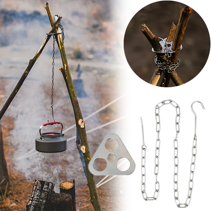 Portable Detachable Outdoor Barbecue Tripod Hanging Rack Stainless Steel Camping Campfire Grill Pot Triangle Stand Set