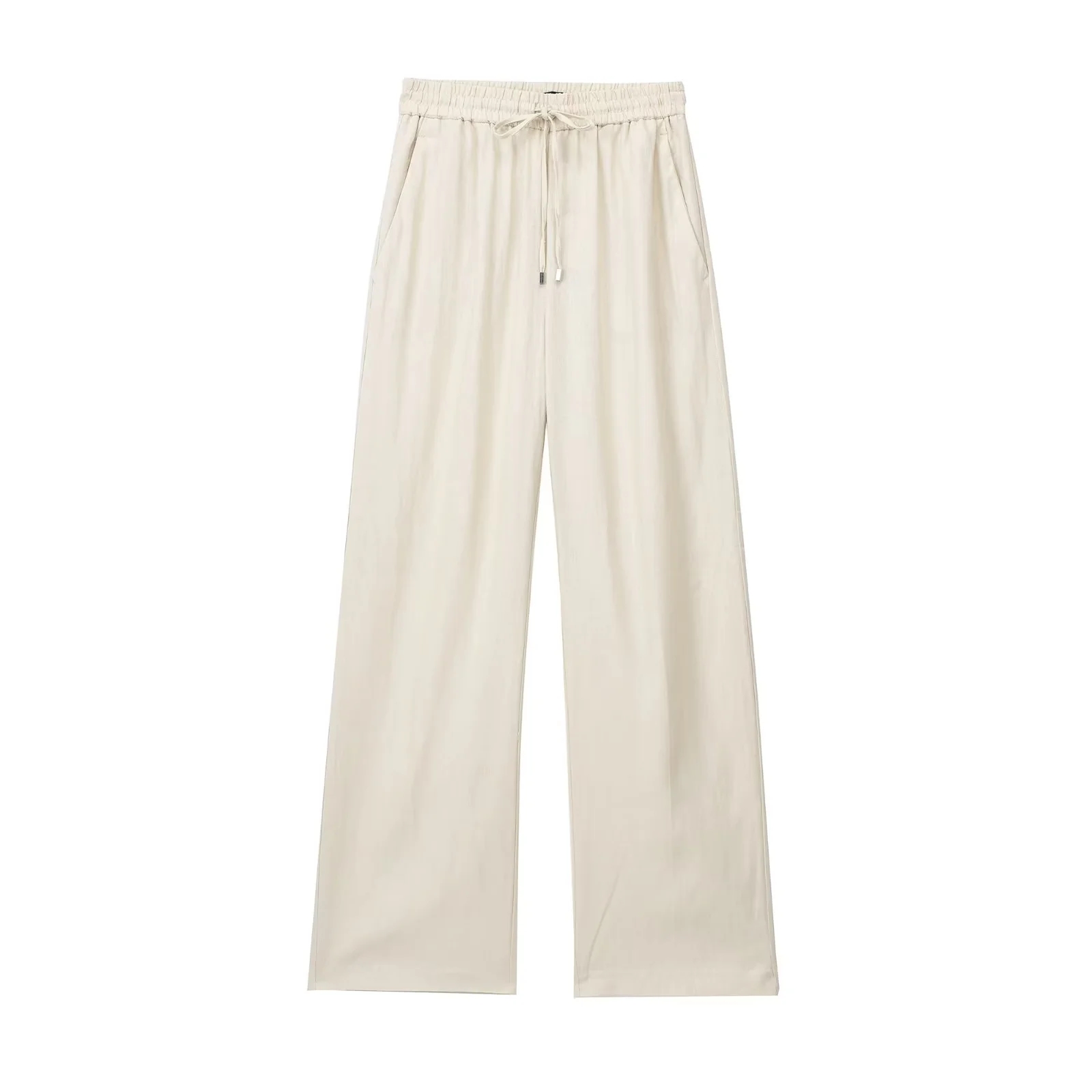 Summer Thin Linen Women Pants Drawstring High Waisted Side Pockets Full Length Straight Pant Female Trousers: L / Beige