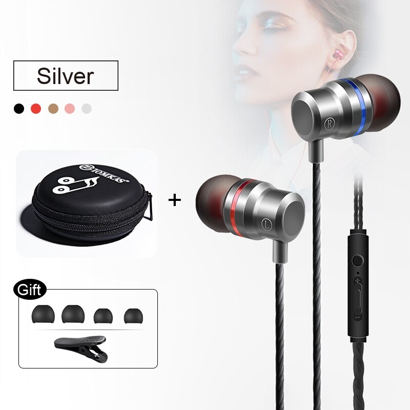 TOMKAS Universal Headphones 3.5mm In Ear Stereo Earbuds For Xiaomi Sport Wired Earphone For Mobile Phone fone de ouvido: Silver with Box