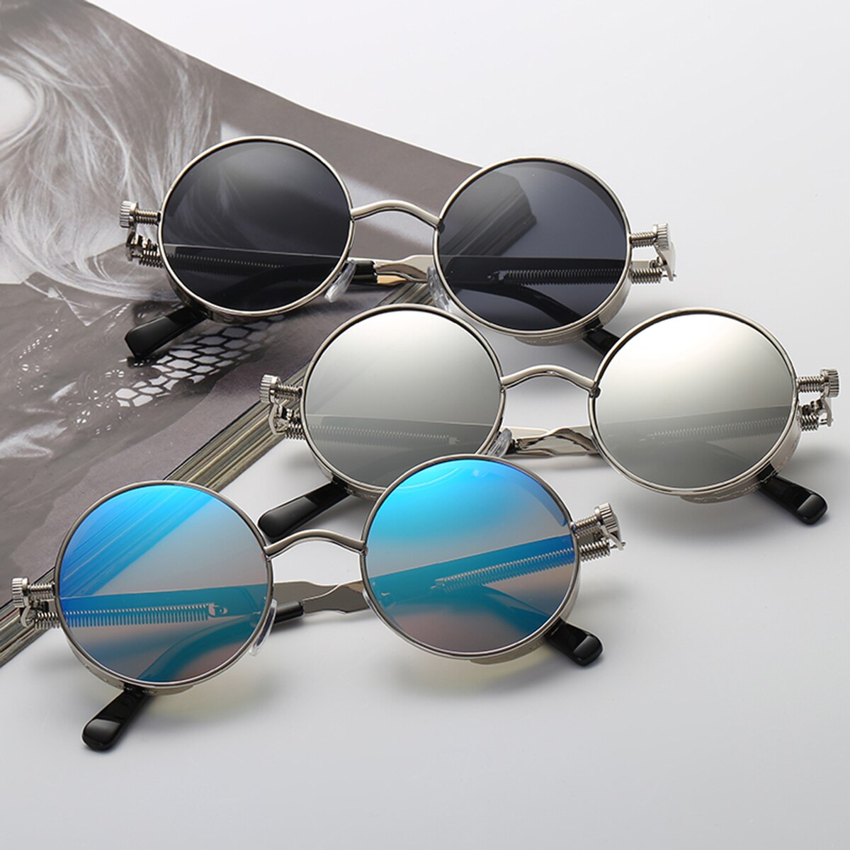 Moda Estilo Retro Steampunk Óculos Redondos Óculos de Armação de Metal Lente Óculos de Design Da Marca Do Vintage Masculino óculos de Sol Óculos de Condução