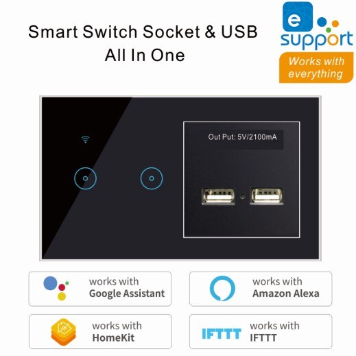 2 In 1 Wall Smart Switch Socket Tempered Glass Touching Button Wall Smart Light Controlling Panel