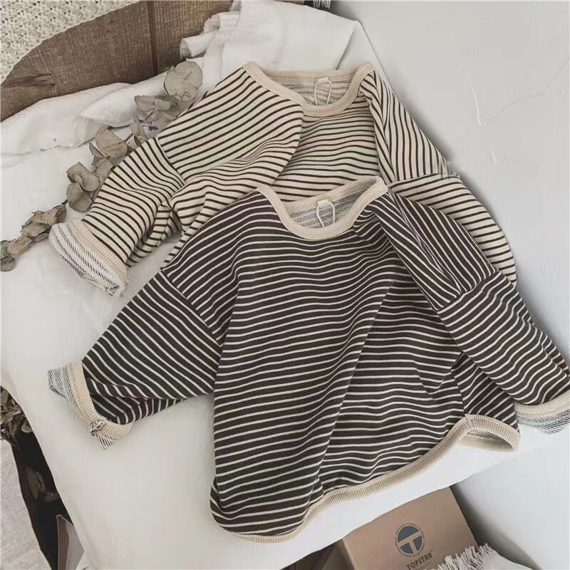 Primavera outono novo bebê manga longa bottoming topos infantil listrado t camisas de algodão meninos meninas casual t camisa solta crianças t