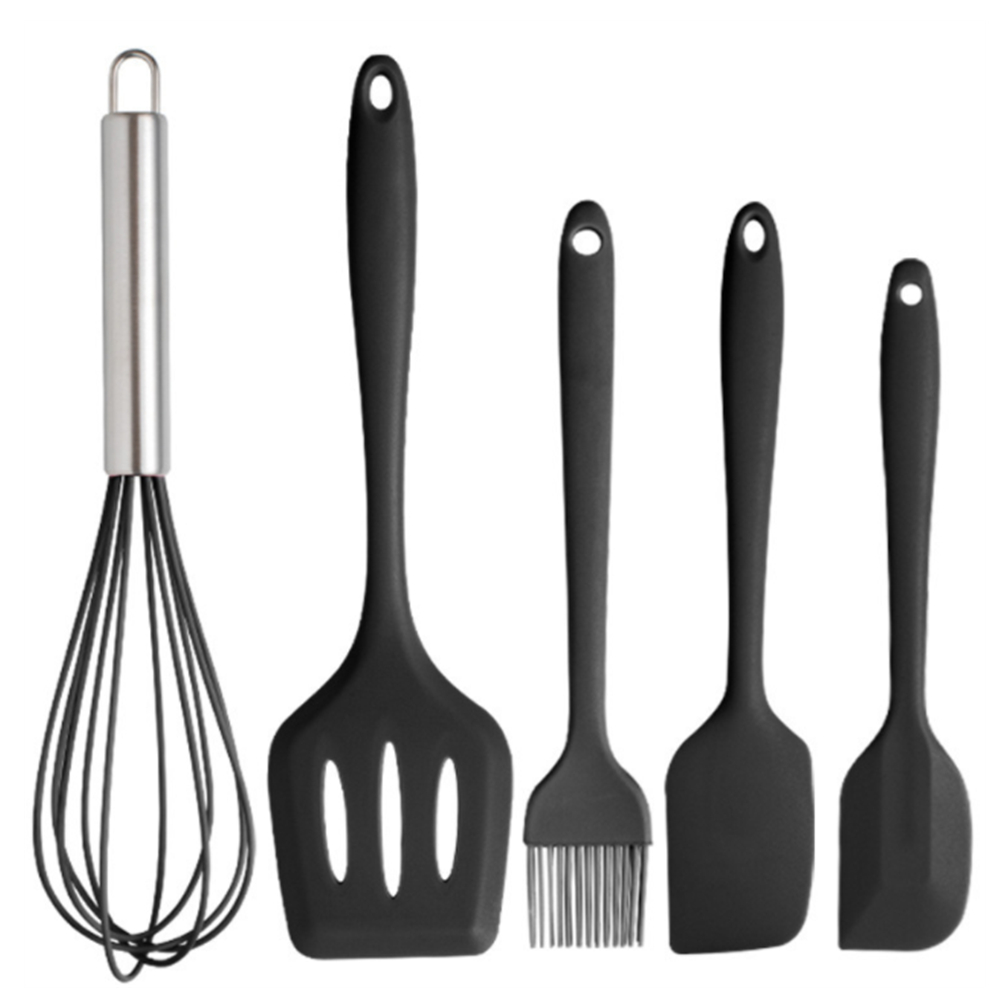 5 Pieces Silicone Cooking Utensils Spatula Set Non-Stick Heat-Resistant Turner for Cooking Baking Kitchen Tools with Oil Brush: Black