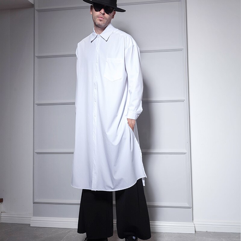 Super Lange Mannen Lange Mouwen Over De Knie Lange Shirt Europese En Amerikaanse Street Style Losse Hip hop Persoonlijkheid Jeugd