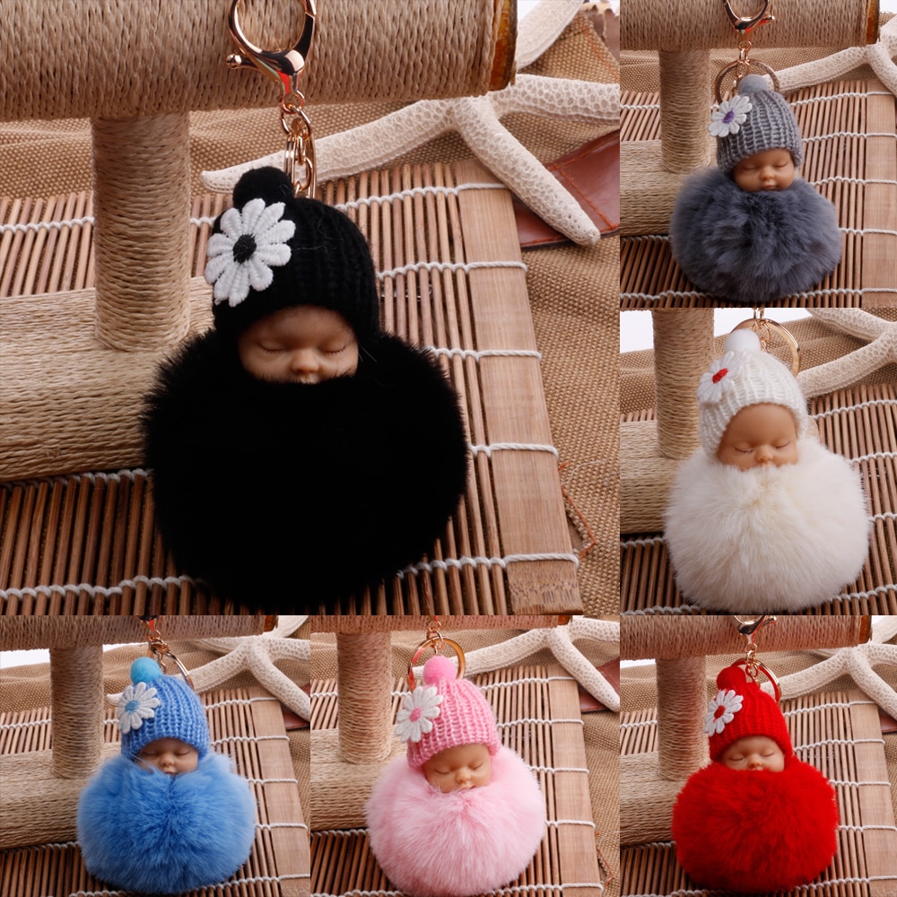 Söta sovande baby docka nyckelringar för kvinnor väska leksak nyckelring fluffiga pom pom päls plysch nyckelringar
