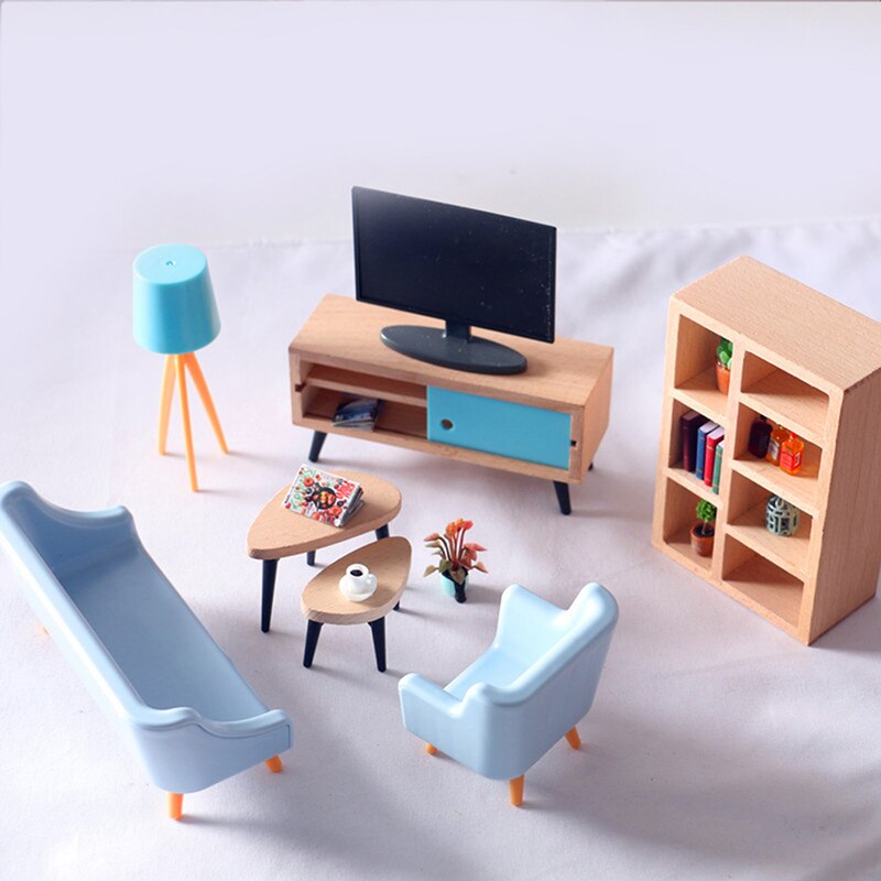 1 Set Diy Poppenhuis Mini Woonkamer Tv Sofa Set Houten Meubels Miniatuur
