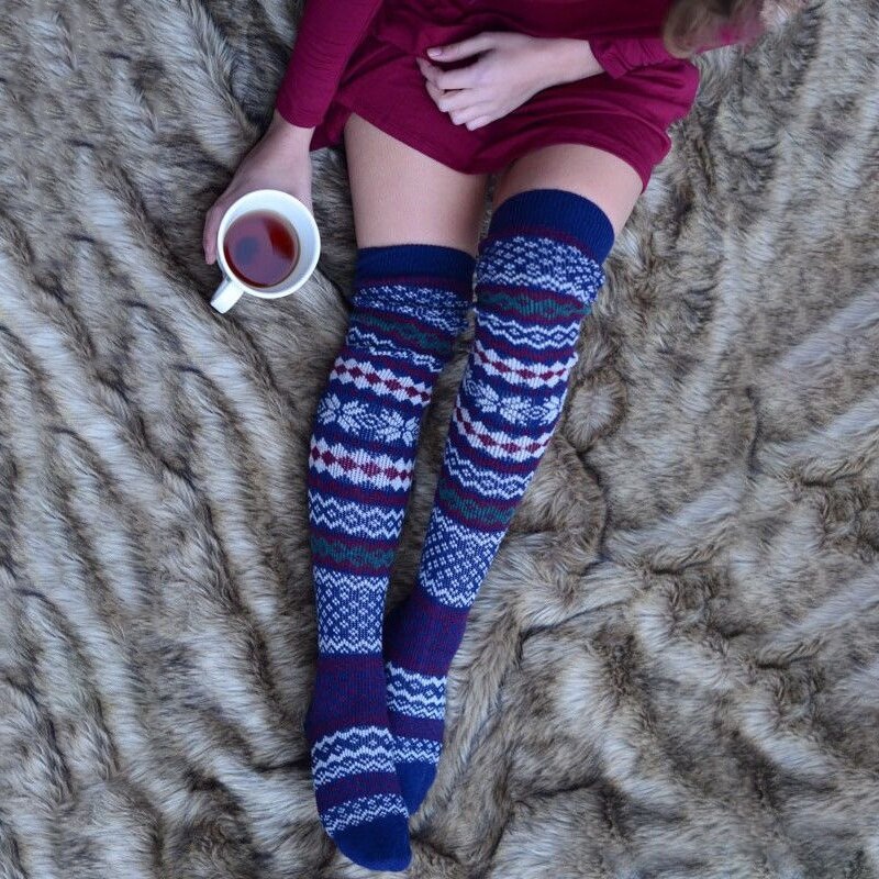 Merk dames beenwarmers winter warm over de knie lang hoog kerst print herfst knielengte zacht: Blauw
