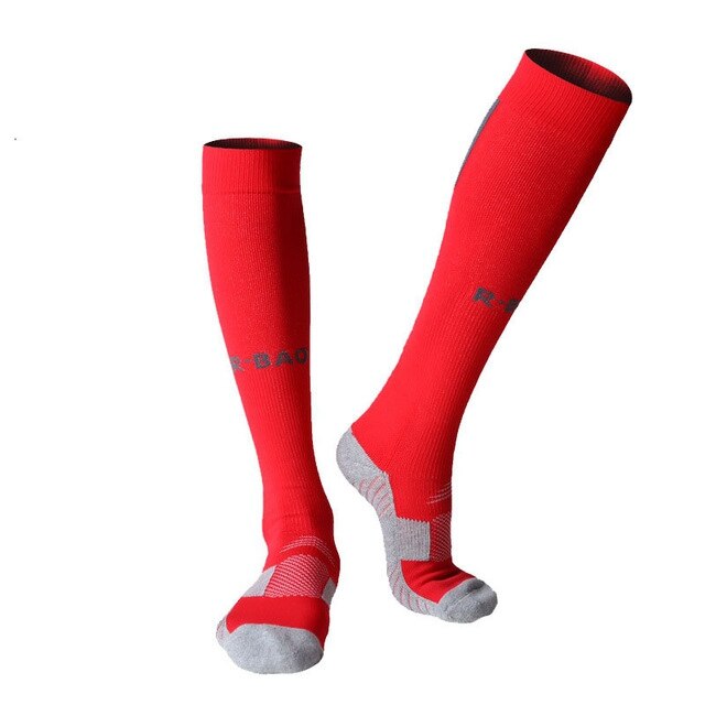 R-bao bomuld mænd 8 farver et par lange fodboldsokker skridsikker sport fodbold ankelben skinnebensbeskyttelse kompressionsbeskytter sokker: Rød