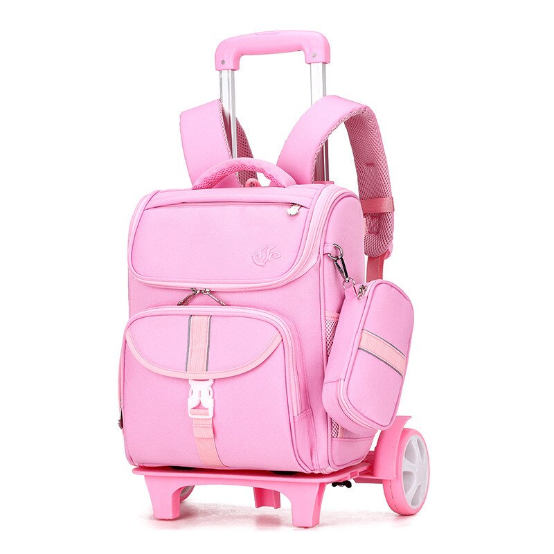 Ziranyu barnvagn skolväska 2/6 hjul avtagbar barn hjulväska nylon vattentät resväska mochilas: Stora hjul rosa