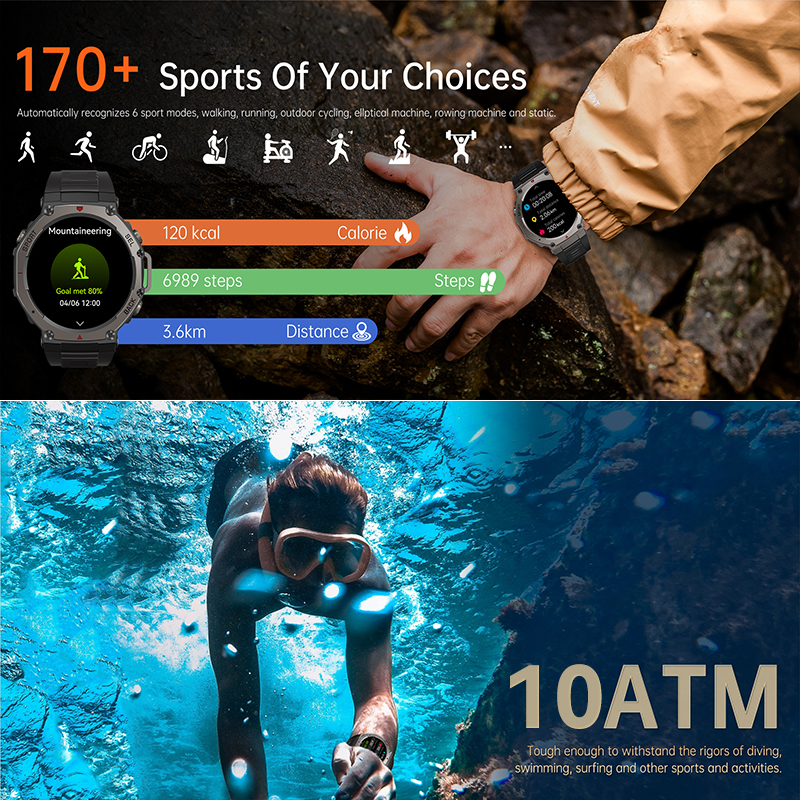 T-Rex 3 Wbudowany Dwuzakresowy GPS Wojskowy Smartwatch Męnarty Kompas Altimetr Barometryczny 10ATM i IP69K Wodoodporny 170+ Sportowy Smartwatch