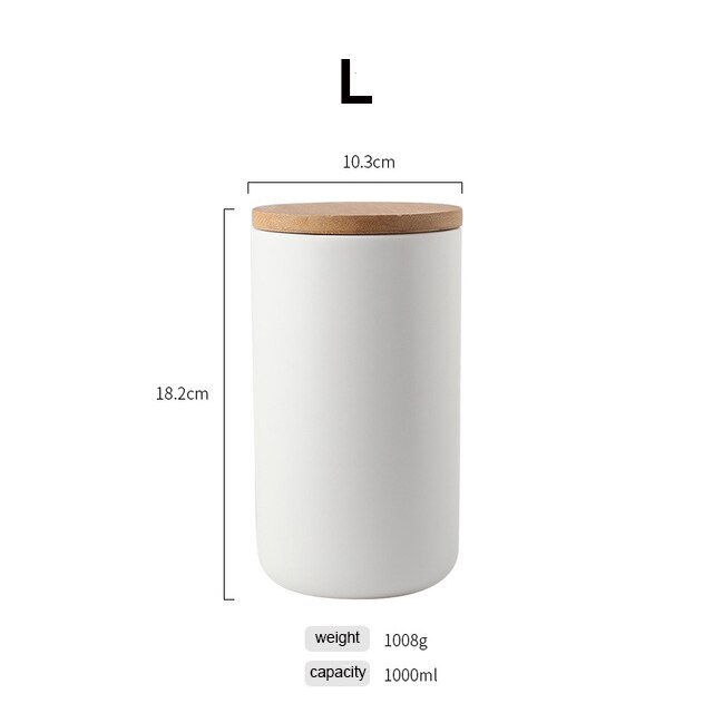 Jarra de cerámica sellada de estilo nórdico para almacenamiento de café, té y cocina, a prueba de polvo, para condimentos sólidos con tapa de Bambú: L-white