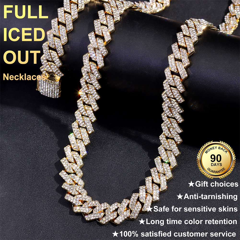 Iced Out Diamond Cuban Link Chain Necklace Men Women Rhinestone Paved Hip Hop Rhombus Cuban Necklaces Tennis Chain Jewelry
