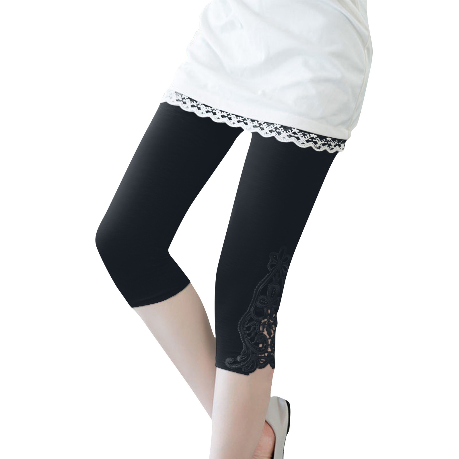 Damen Sommer Spitze Leggings - 3/4 Länge Crop Caprihosen - Hoher Spandex Fitness Hosen