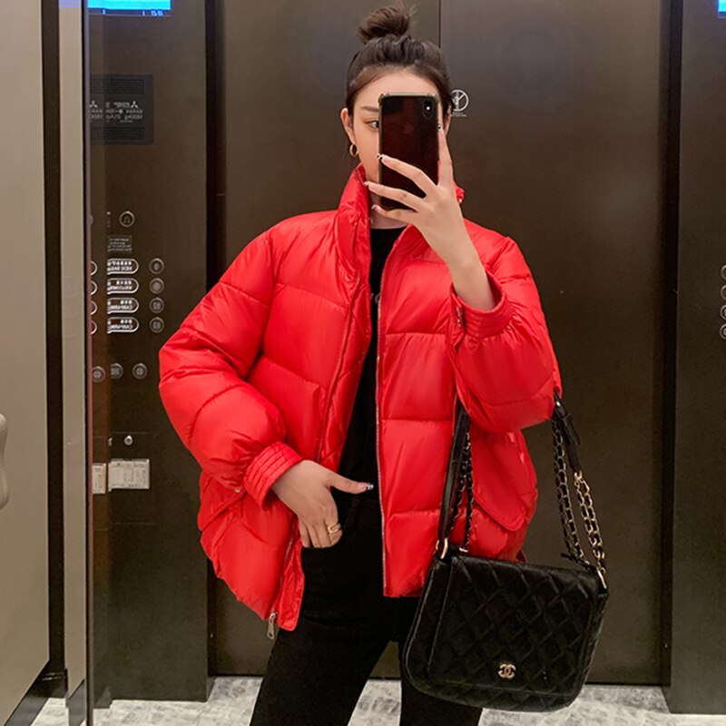 Solide Col Montant Courtes Oversize Veste Hiver Femme Doudoune Mat Parkas Épaissir Fermeture Éclair Décontracté Outwear Femmes: Rouge / XL