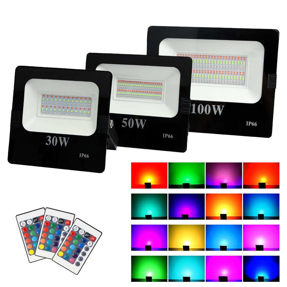 Led RGB Flood Light Spot lights 100W 50W 30W AC 220V IP66 16 color Garden Projector IP66 SpotLight Security Landscape led