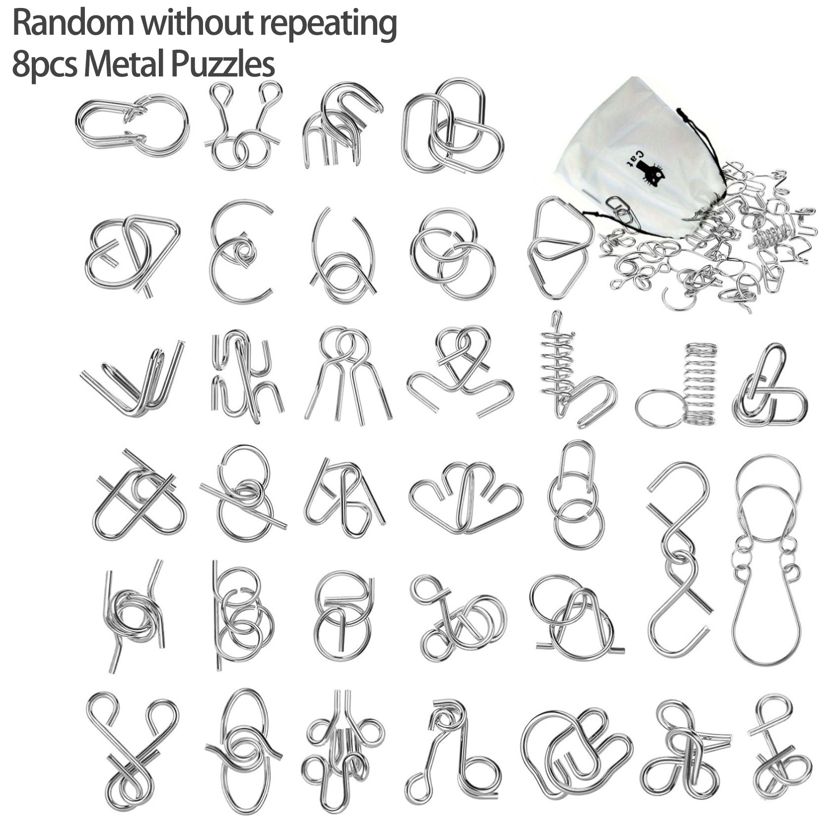 Metal Wire Puzzle Set,Brain Teaser IQ Test Disentanglemen Iron Link Unlock Interlock Game Chinese Ring Magic Trick Toy: GRAY