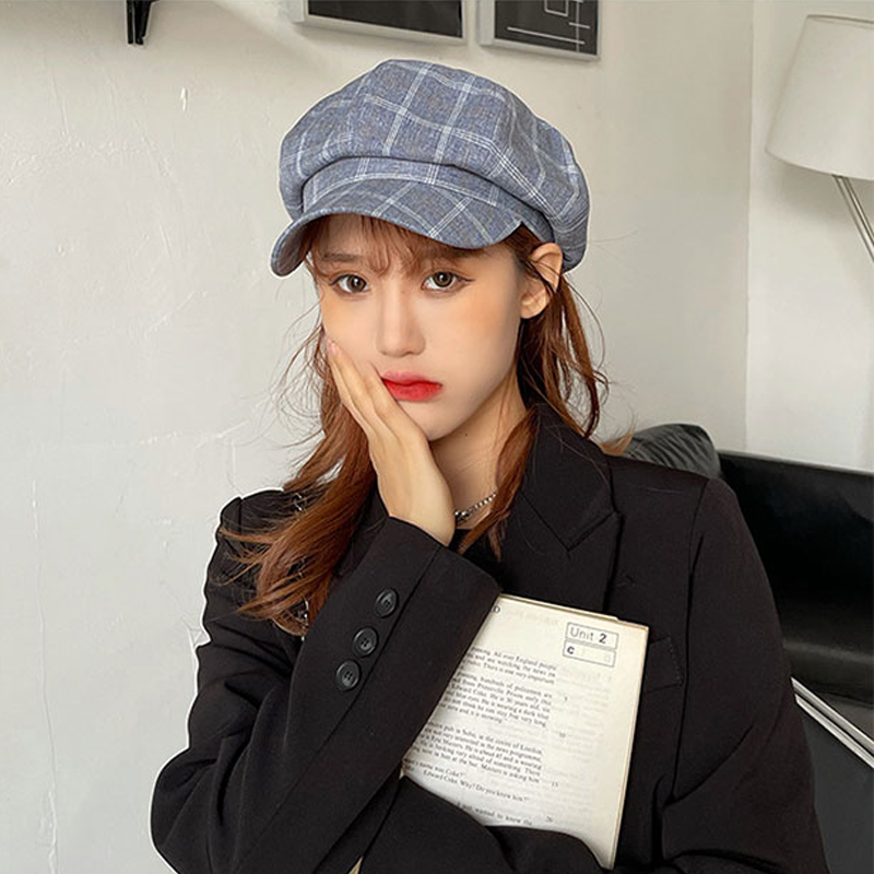 Foux Krantenverkoper Caps Vrouwen Zomer Herfst Lente Plaid Dunne Verstelbare Touw Achthoekige Baker Jongen Schilder Hoed Mode Korea: Sky Blue