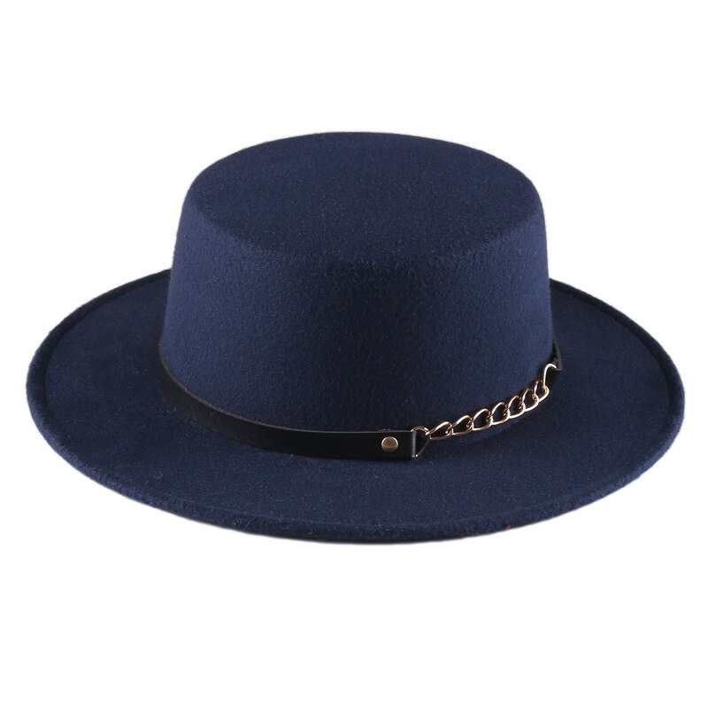 mitation Woolen Round Top Hat For Women's Wide Brim Fedora Hat Gambler Hat: Navy