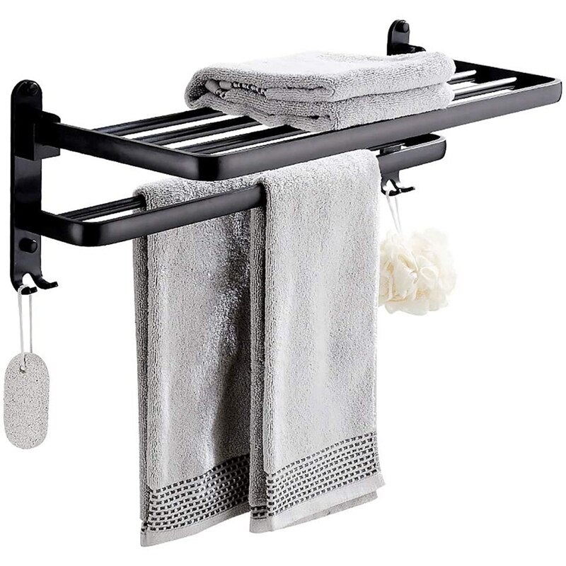 Space Aluminum Bathroom Black Towel Rack Wall-Mounted Folding Storage Towel Rack Bathroom Shelf