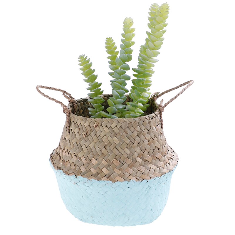 Handmade Wicker Basket Bamboo Seagrass Flower Pot Storage Basket Foldable Straw Patchwork Rattan Seagrass Belly Garden Decor: Blue