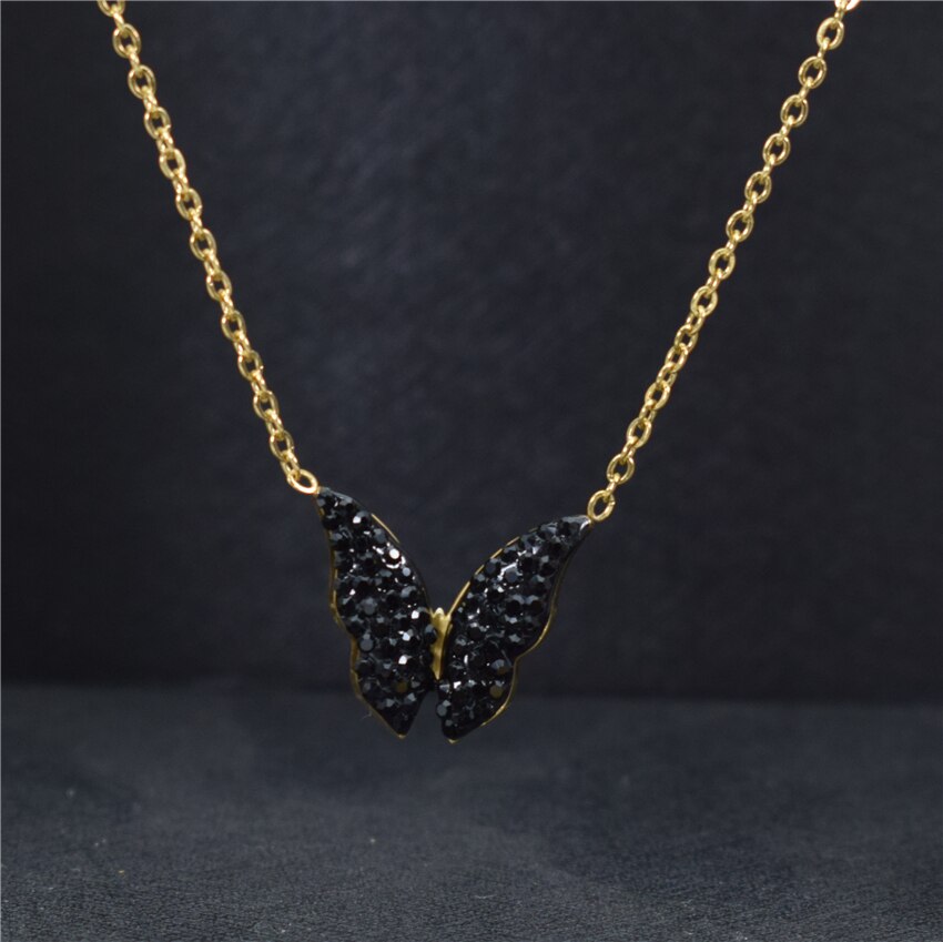 Unique Stainless Steel Gold Chain CZ Blue Butterfly Necklace For Women Bijoux Femme Pineapple Choker Necklaces Birthday BFF: Gold Black 2