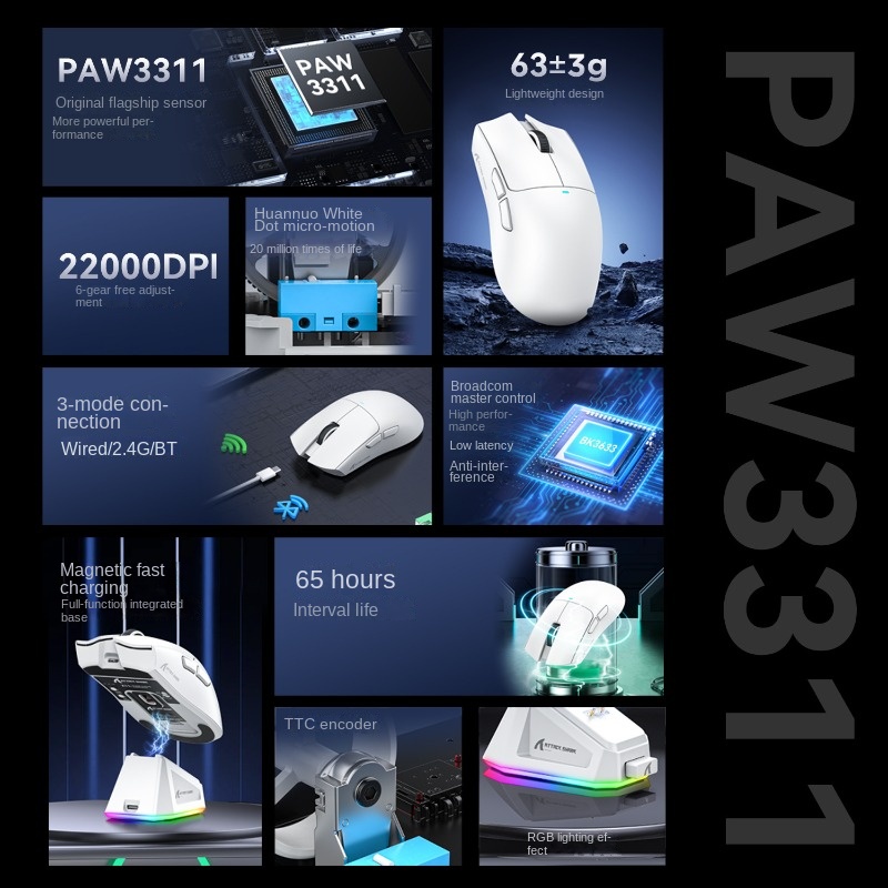 Attack Shark X11 PAW3311 ratón Bluetooth, conectividad de modo Triple, base de carga magnética táctil, ratón para juegos ultraligero