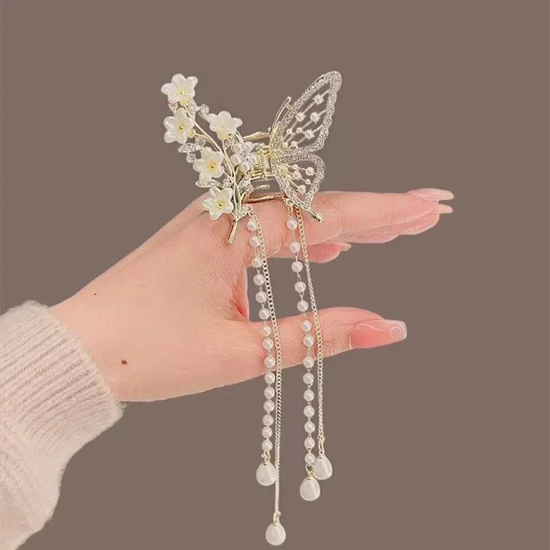 Pinzas de cangrejo y tiburón para niña, accesorios para el cabello, horquilla coreana para mujer, pinza para el cabello Simple de cristal, pinza para el cabello con borla de perlas y mariposa: Rosa