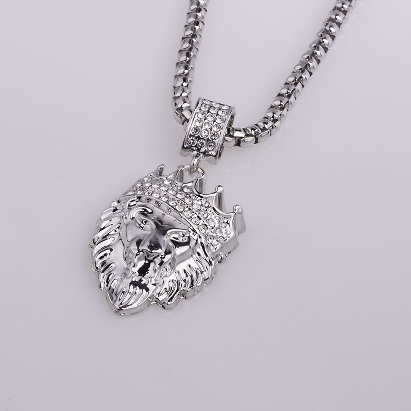 Collares de rapero de aleación para hombre y mujer, colgante de Animal de León, Hip-hop, cadena larga de Metal para suéter, de joyería