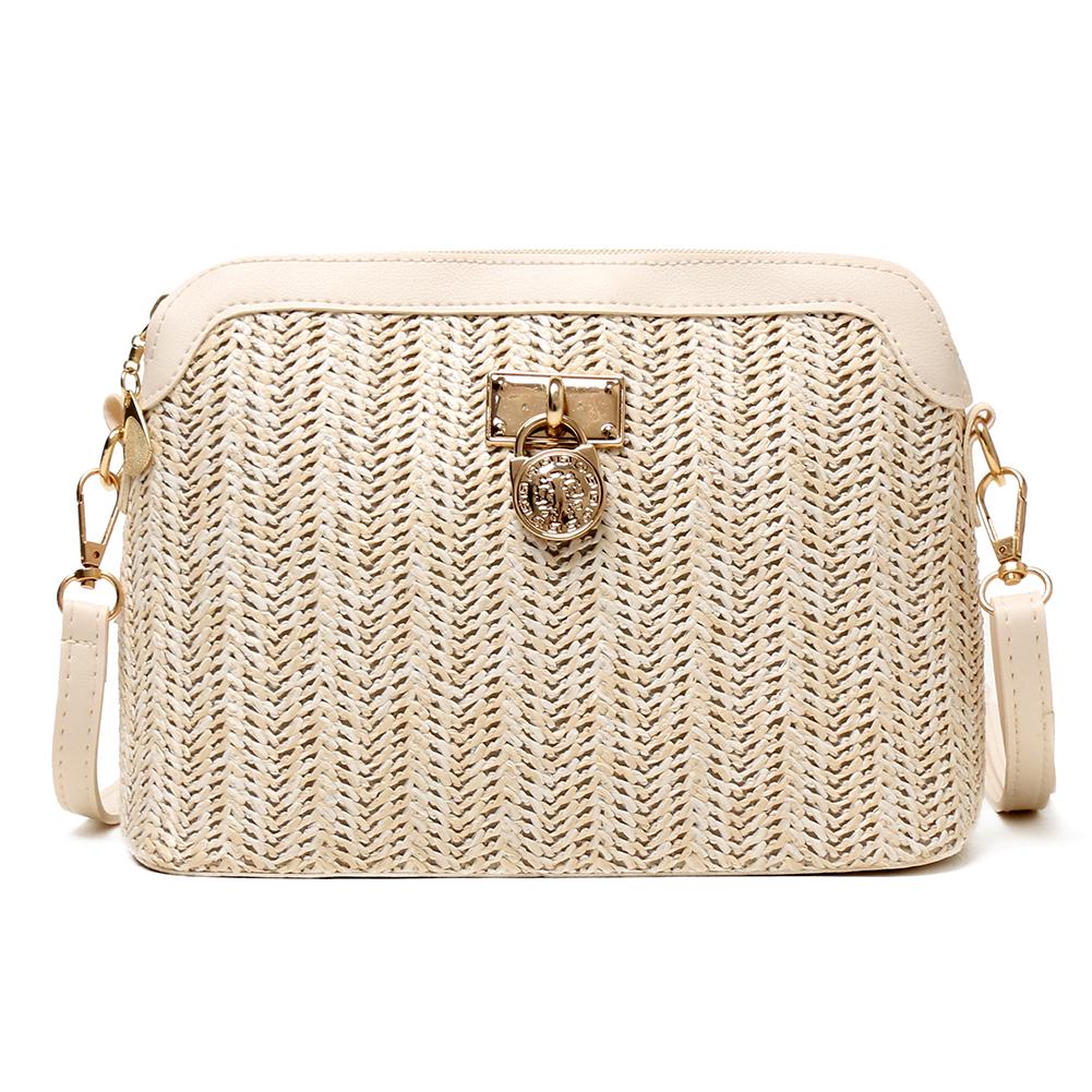 Zomer Stro Crossbody Tassen Voor Vrouwen Handgemaakte Geweven Shell Tas Pu Lederen Boho Zakken Vrouwelijke Bohemen Strand Schoudertas: Beige B