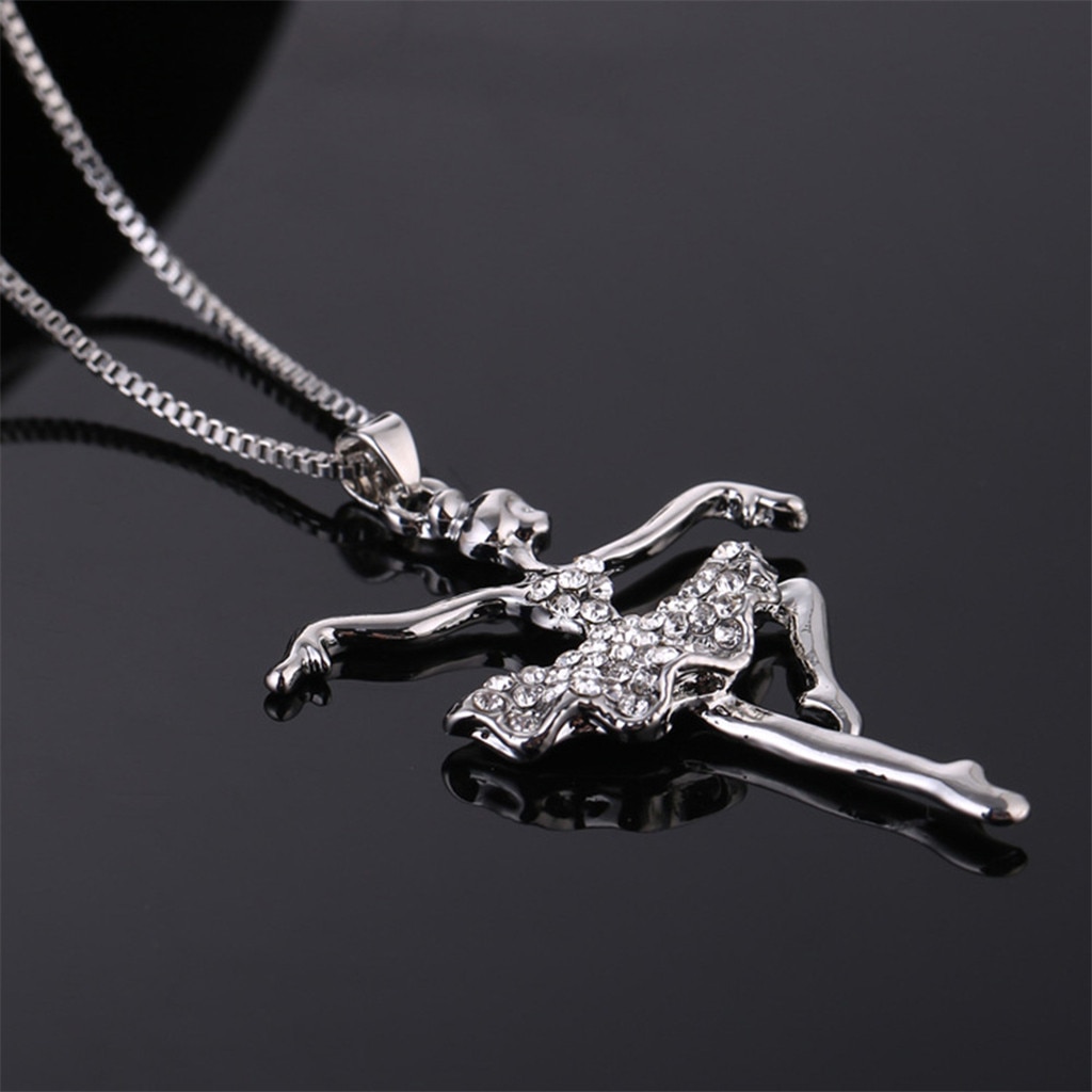 Women necklace stainless steel Statement Dancer Ballet Dance Pendant Necklace Charm Girl Valentine's Long Chain Silver