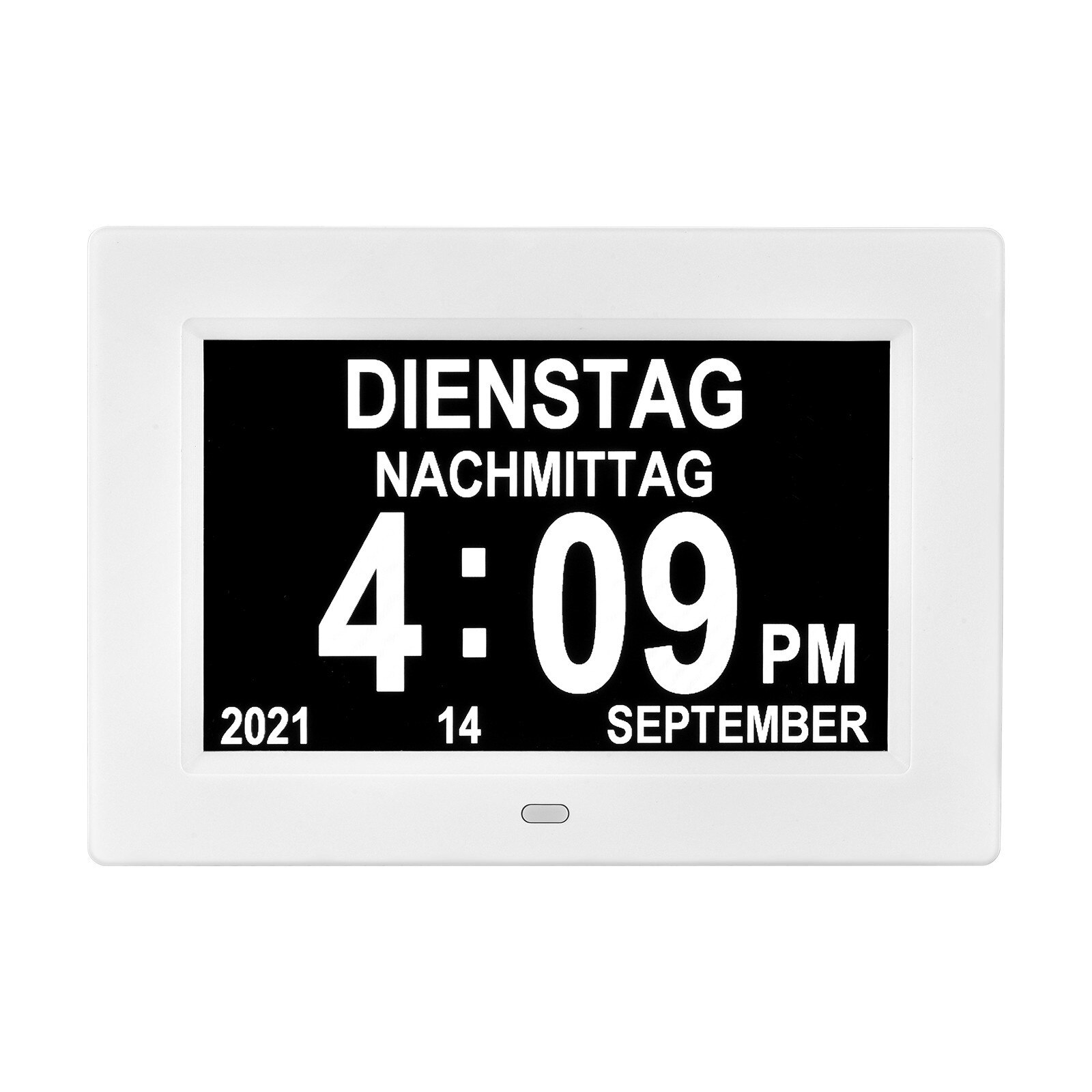 7 "Inch Digital Clock Calendar with Oversized Font Date Day Reminder for Elderly and Children Auto Dimming 9 Languages: EU white