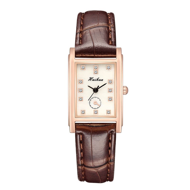 Reloj de correa de cuero fino para mujer, pulsera de mano rectangular con diamantes de imitación, a la , para estudiantes: brown