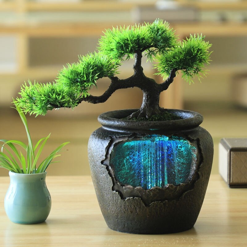 ! Indoor Flower Pot Flowing Water Waterfall Statue Feng Shui 7-Color Led Change Home Garden Crafts EU Plug
