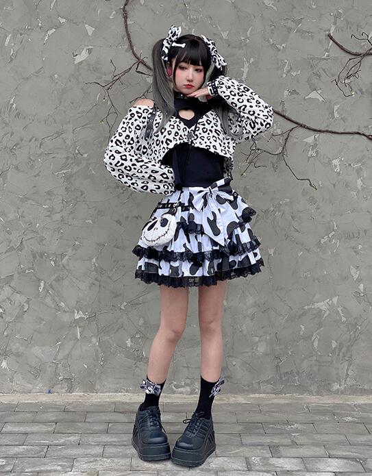 Japanese Harajuku Preppy Style Cow Pattern Girls Bow Lace Cake Skirts High Waist Sweet Mini Kawaii Cool Girl Skirts