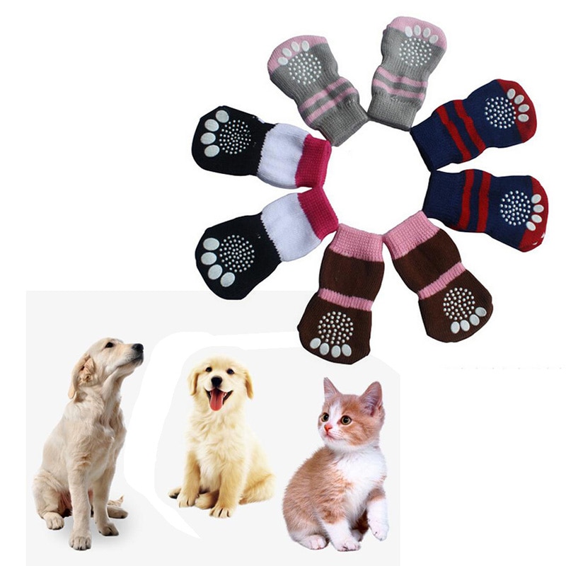 Bomuld kæledyrsokker hundekattesok med skridsikker bund små hunde katte sko til efterår vinter indendørs slid kæledyr potebeskytter