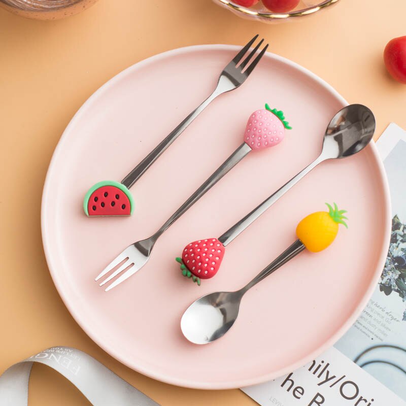 Mini Obst Muster Dessert Löffel Gabel Edelstahl Kaffee Rühren Löffel Langen Griff Eis Löffel Baby Küche Besteck