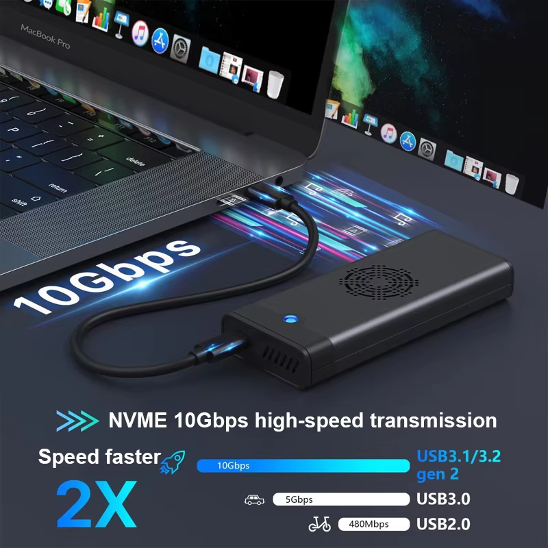 10Gbps M.2 NVME SATA SSD Case with Built-in Cooling Fan TypeC SSD Enclosure NVME NGFF SSD Adapter Support M.2 2242 2260 2280