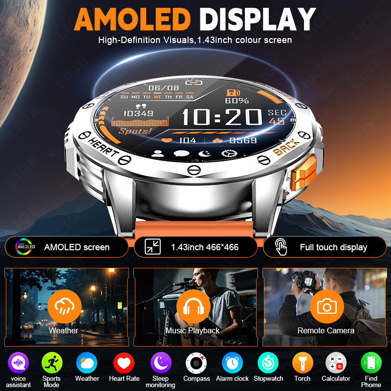 Lige novo relógio inteligente de rastreamento gps masculino 4gb memória tela amoled freqüência cardíaca bluetooth chamada ao ar livre bússola à prova dwaterproof água smartwatches