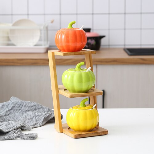 1/pcs Keramische kruiden jar trapeziumvormige bovenste en onderste laag bamboe plank Huishoudelijke peper zout glazen pot Kruiden opslag doos: G