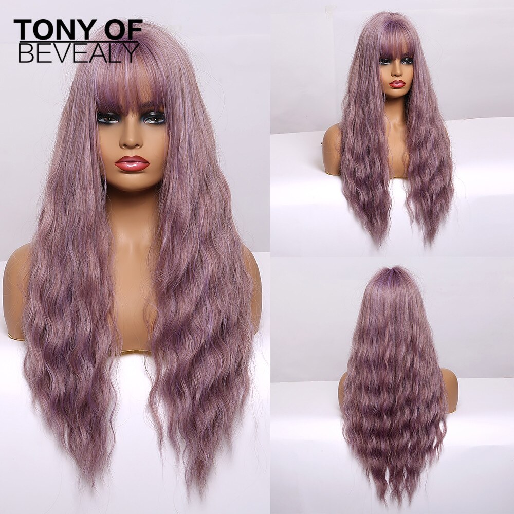 Long Wavy Dark Brown Natural Hair Wigs With Bangs Heat Resistant Synthetic Wigs for Afro Women Daily Cosplay Natural Wigs: lc205-4
