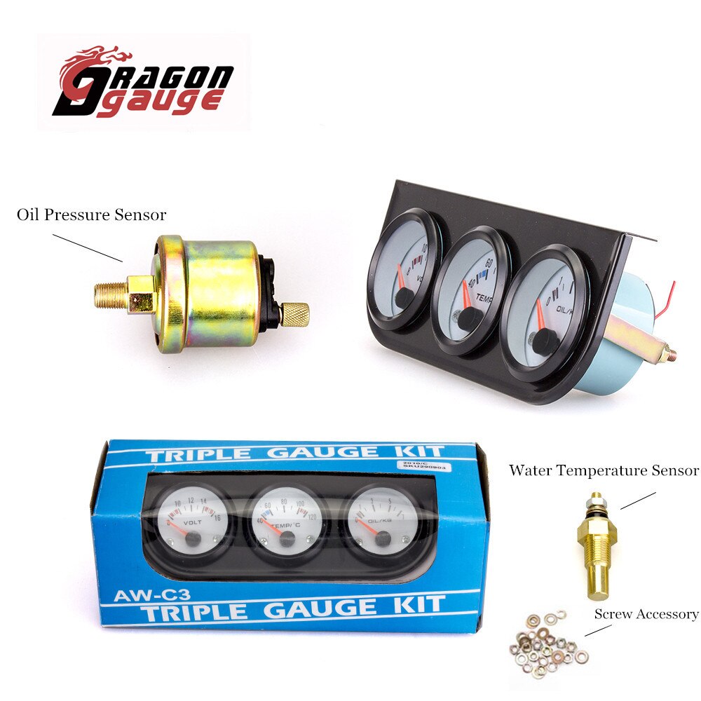 DRAGON GAUGE 52mm Car Triple Gauge Water Temperature(Celsius) Oil Pressure Voltmeter With Sensor Triple Gauge Kit for 12V Car