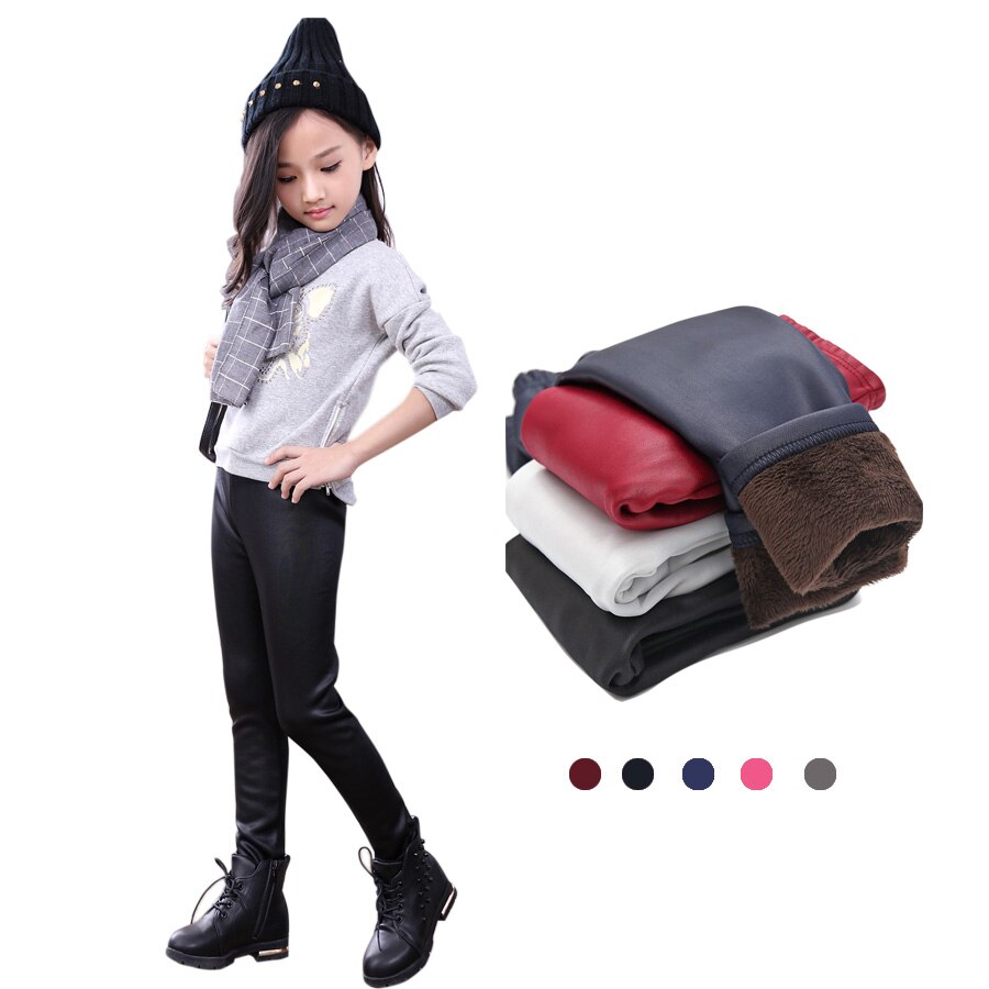 Imitert skinn vinter jenter leggings barn tykk fløyel legging baby barn bukser solid slank pjokk jente klær