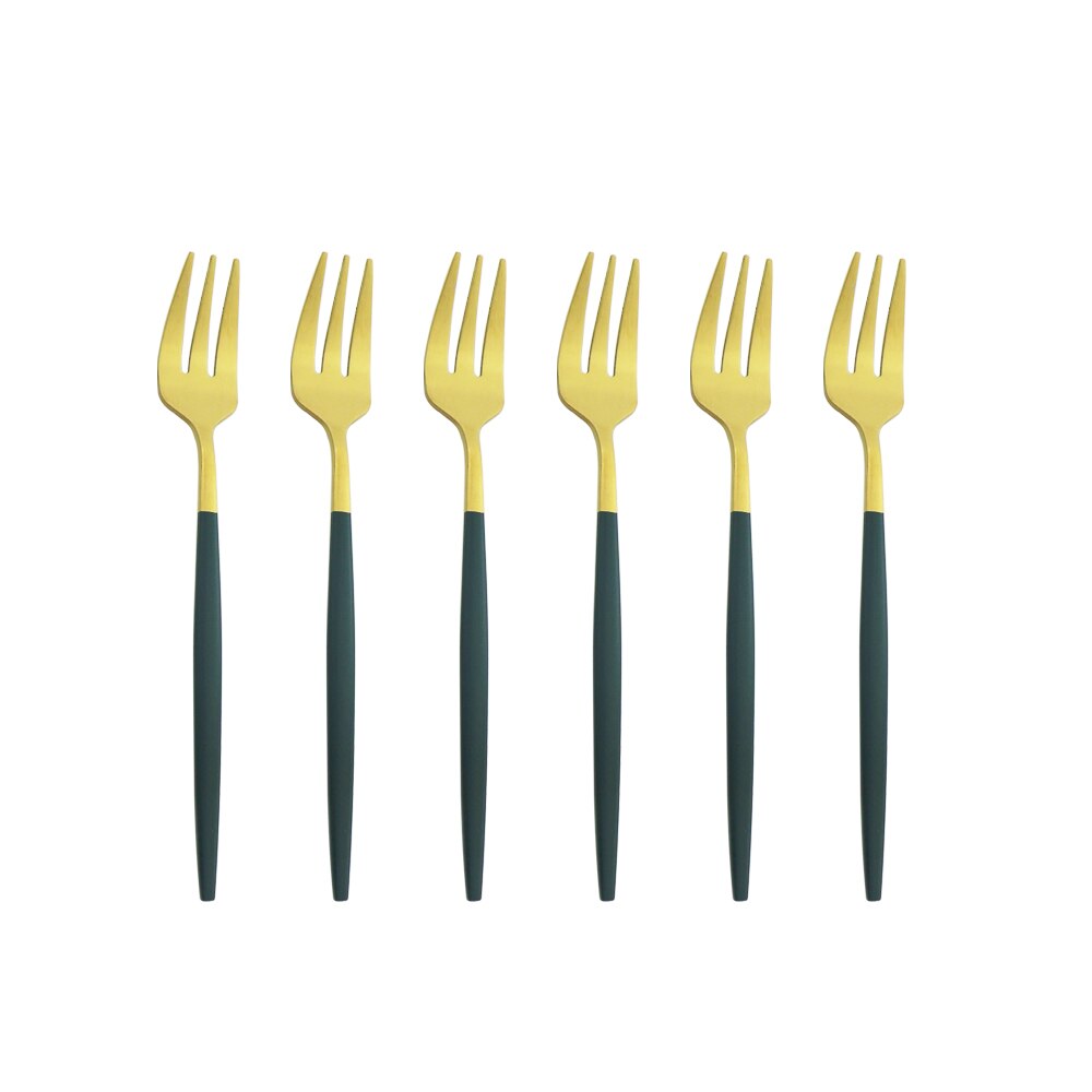 Ensemble de fourchettes à fruits en acier inoxydable, petite fourchette à Dessert en or blanc, ensemble de fourchettes à thé pour gâteau, fourchette à salade, service de couverts 6 pièces: Green Gold