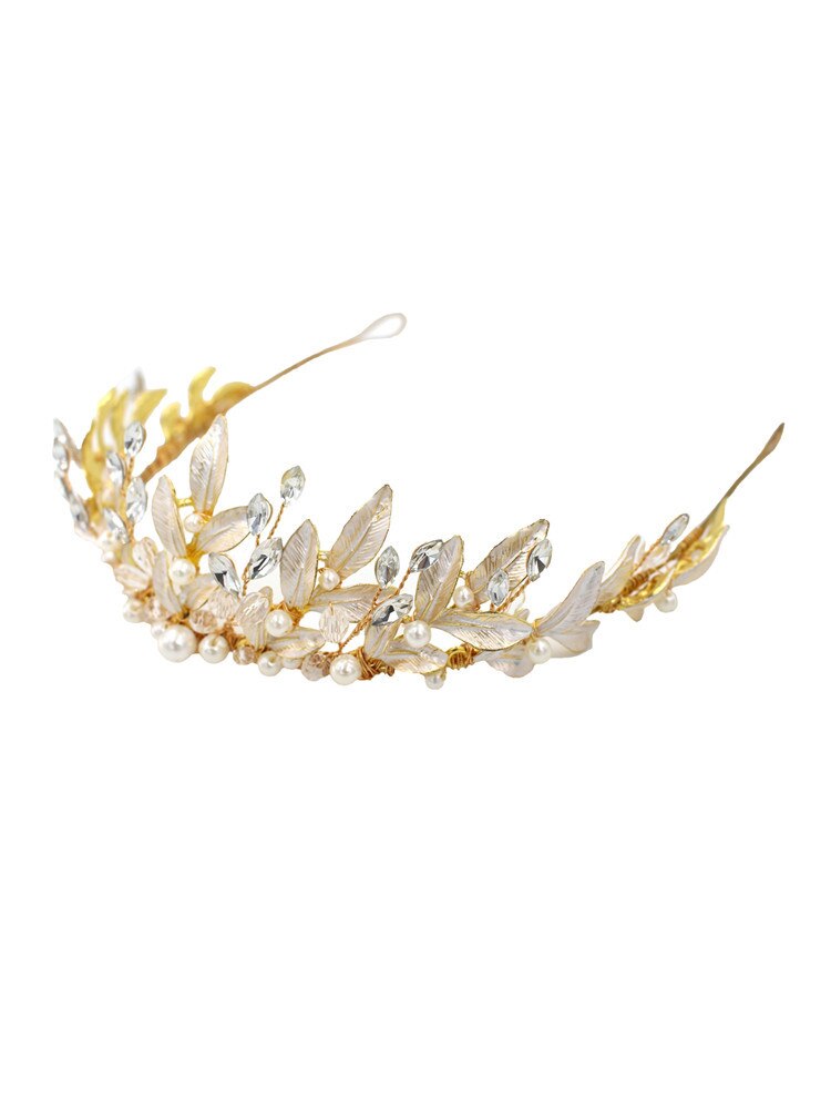 Vintage Aristocratische Gold Strass Parel Kristal Bladeren Noble Vrouwen Bruid Kroon Bruiloft Hoofdband Haaraccessoires