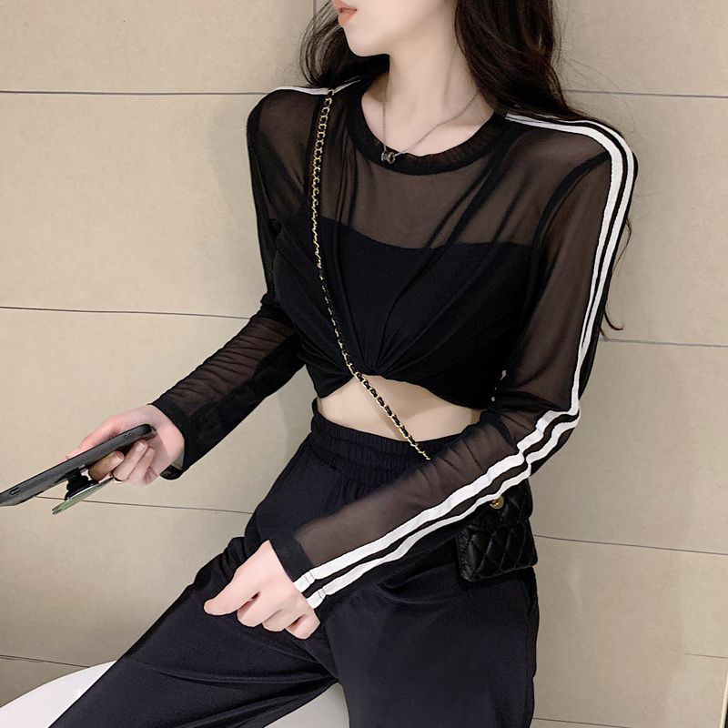 Y2k schiere sonnen feste Hemden Frauen gestreifte Langarm-T-Hemden Streetwear durchsichtige Netz blusen koreanische Sonnenschutz oberteile